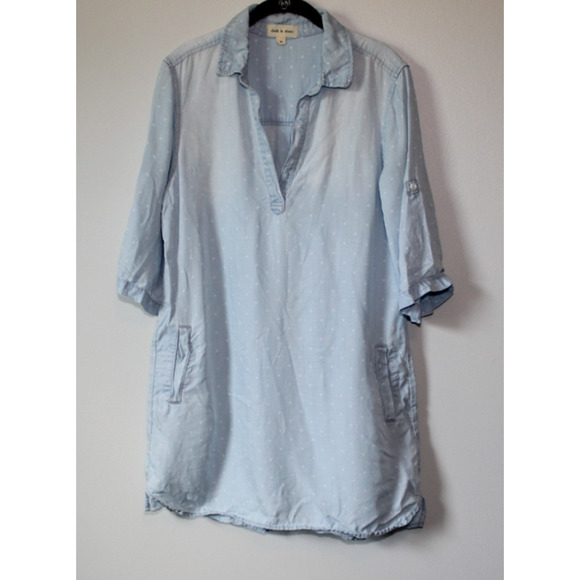 Cloth & Stone Dot Denim Chambray Tunic Top Faded Mini Shirt Dress Size Medium - Picture 15 of 16